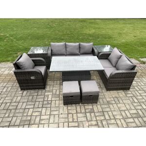 FIMOUS Rattan Outdoor Furniture Garden Dining Set Patio Height Adjustable Rising lifting Table Reclining Chair Sofa With 2 Side Tables 2 Small Footstools FIMOUS Rattan Outdoor Furniture Garden Dining Set Patio Height Adjustable Rising lifting Table Reclining Chair Sofa With 2 Side Tables 2 Small Footstools