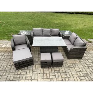 FIMOUS Rattan Outdoor Furniture Garden Dining Set Patio Height Adjustable Rising lifting Table Reclining Chair Sofa With 2 Side Tables 3 Footstools Dark FIMOUS Rattan Outdoor Furniture Garden Dining Set Patio Height Adjustable Rising lifting Table Reclining Chair Sofa With 2 Side Tables 3 Footstools Dark