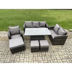 FIMOUS Rattan Outdoor Furniture Garden Dining Set Patio Height Adjustable Rising lifting Table Reclining Chair Sofa With 3 Footstools Dark Grey Mixed FIMOUS Rattan Outdoor Furniture Garden Dining Set Patio Height Adjustable Rising lifting Table Reclining Chair Sofa With 3 Footstools Dark Grey Mixed