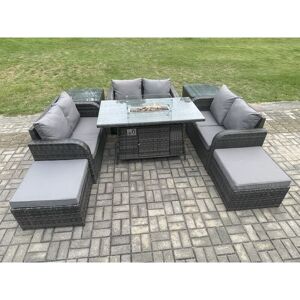 Rattan Outdoor Garden Furniture Sofa Set Gas Fire Pit Dining Table Gas Heater with 2 Side Tables Love Sofa 2 Big Footstool Dark Grey Mixed - Fimous Rattan Outdoor Garden Furniture Sofa Set Gas Fire Pit Dining Table Gas Heater with 2 Side Tables Love Sofa 2 Big Footstool Dark Grey Mixed - Fimous