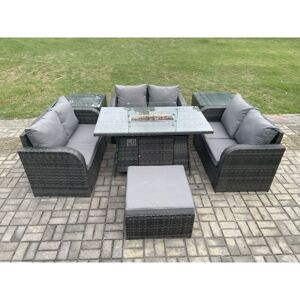 Rattan Outdoor Garden Furniture Sofa Set Gas Fire Pit Dining Table Gas Heater with 2 Side Tables Love Sofa Big Footstool Dark Grey Mixed - Fimous Rattan Outdoor Garden Furniture Sofa Set Gas Fire Pit Dining Table Gas Heater with 2 Side Tables Love Sofa Big Footstool Dark Grey Mixed - Fimous