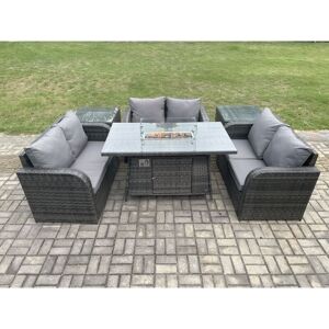 Rattan Outdoor Garden Furniture Sofa Set Gas Fire Pit Dining Table Gas Heater with 2 Side Tables Love Sofa Dark Grey Mixed - Fimous Rattan Outdoor Garden Furniture Sofa Set Gas Fire Pit Dining Table Gas Heater with 2 Side Tables Love Sofa Dark Grey Mixed - Fimous