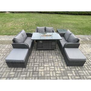 Rattan Outdoor Garden Furniture Sofa Set Gas Fire Pit Dining Table Gas Heater with Side Table Love Sofa 2 Big Footstool Dark Grey Mixed - Fimous Rattan Outdoor Garden Furniture Sofa Set Gas Fire Pit Dining Table Gas Heater with Side Table Love Sofa 2 Big Footstool Dark Grey Mixed - Fimous