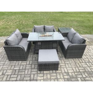 Rattan Outdoor Garden Furniture Sofa Set Gas Fire Pit Dining Table Gas Heater with Side Table Love Sofa Big Footstool Dark Grey Mixed - Fimous Rattan Outdoor Garden Furniture Sofa Set Gas Fire Pit Dining Table Gas Heater with Side Table Love Sofa Big Footstool Dark Grey Mixed - Fimous