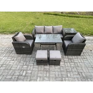 FIMOUS Rattan Wicker Garden Furniture Patio Conservatory Sofa Set with Rectangular Dining Table Reclining Chair 3 Seater Sofa 2 Small Footstools Side Table FIMOUS Rattan Wicker Garden Furniture Patio Conservatory Sofa Set with Rectangular Dining Table Reclining Chair 3 Seater Sofa 2 Small Footstools Side Table