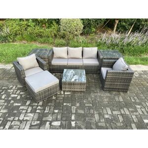 Fimous Wicker 7 Pieces Rattan Garden Furniture Sofa Set with Armchair 2 Side Tables Square Coffee Table Big Footstool Dark Grey Mixed Fimous Wicker 7 Pieces Rattan Garden Furniture Sofa Set with Armchair 2 Side Tables Square Coffee Table Big Footstool Dark Grey Mixed