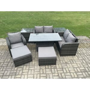 FIMOUS Wicker pe Rattan Furniture Garden Dining Set Outdoor Height Adjustable Rising lifting Table Love Sofa With Reclining Chair 2 Side Tables 2 Big FIMOUS Wicker pe Rattan Furniture Garden Dining Set Outdoor Height Adjustable Rising lifting Table Love Sofa With Reclining Chair 2 Side Tables 2 Big