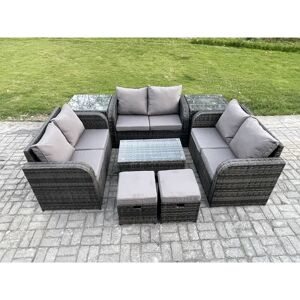 FIMOUS Wicker pe Rattan Garden Furniture Set 8 Seater Outdoor Lounge Sofa Set with Love Sofa Coffee Table 2 Side Tables 2 Small Footstools Dark Grey Mixed FIMOUS Wicker pe Rattan Garden Furniture Set 8 Seater Outdoor Lounge Sofa Set with Love Sofa Coffee Table 2 Side Tables 2 Small Footstools Dark Grey Mixed