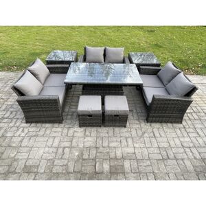 FIMOUS Wicker pe Rattan Garden Furniture Set Height Adjustable Rising Lifting Table Sofa Dining Set with Double Seat Sofa 2 Small Footstools 2 Side Tables FIMOUS Wicker pe Rattan Garden Furniture Set Height Adjustable Rising Lifting Table Sofa Dining Set with Double Seat Sofa 2 Small Footstools 2 Side Tables