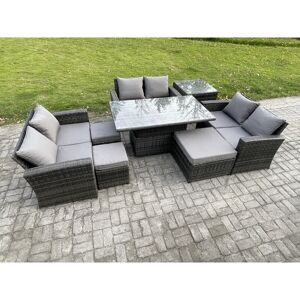 FIMOUS Wicker pe Rattan Garden Furniture Set Height Adjustable Rising Lifting Table Sofa Dining Set with Double Seat Sofa 3 Footstools Side Table Dark Grey FIMOUS Wicker pe Rattan Garden Furniture Set Height Adjustable Rising Lifting Table Sofa Dining Set with Double Seat Sofa 3 Footstools Side Table Dark Grey