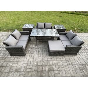 FIMOUS Wicker pe Rattan Garden Furniture Sets Outdoor Lounge Sofa Set with Oblong Dining Table Double Seat Sofa 2 Side Tables Big Footstool Dark Grey Mixed FIMOUS Wicker pe Rattan Garden Furniture Sets Outdoor Lounge Sofa Set with Oblong Dining Table Double Seat Sofa 2 Side Tables Big Footstool Dark Grey Mixed