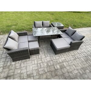 FIMOUS Wicker pe Rattan Garden Furniture Sets Outdoor Lounge Sofa Set with Oblong Dining Table Double Seat Sofa 3 Footstools Side Table Dark Grey Mixed FIMOUS Wicker pe Rattan Garden Furniture Sets Outdoor Lounge Sofa Set with Oblong Dining Table Double Seat Sofa 3 Footstools Side Table Dark Grey Mixed
