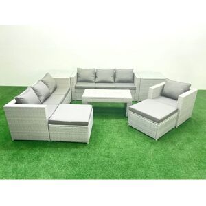 Fimous Wicker PE Rattan Sofa Garden Furniture Set with Oblong Coffee Table Armchair 2 Big Footstools 2 Side Tables Light Grey Mixed Fimous Wicker PE Rattan Sofa Garden Furniture Set with Oblong Coffee Table Armchair 2 Big Footstools 2 Side Tables Light Grey Mixed