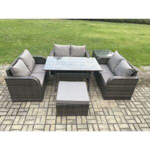 Fimous Wicker PE Rattan Sofa Outdoor Garden Furniture Set with Rectangular Dining Table Big Footstool Side Table Dark Grey Mixed Fimous Wicker PE Rattan Sofa Outdoor Garden Furniture Set with Rectangular Dining Table Big Footstool Side Table Dark Grey Mixed