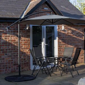 SAMUEL ALEXANDER Outdoor 4 Person Round Glass Top Garden Dining Table Chairs With Grey Banana Parasol and Base SAMUEL ALEXANDER Outdoor 4 Person Round Glass Top Garden Dining Table Chairs With Grey Banana Parasol and Base