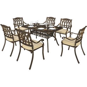 Outsunny - 7 Pieces Cast Aluminium Garden Dining Set with Parasol Hole, Bronze Outsunny - 7 Pieces Cast Aluminium Garden Dining Set with Parasol Hole, Bronze