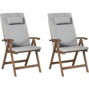BELIANI Set of 2 Rustic Garden Chairs Natural Acacia Wood Adjustable Foldable with Armrests Grey Melange Cushions Amantea Premium BELIANI Set of 2 Rustic Garden Chairs Natural Acacia Wood Adjustable Foldable with Armrests Grey Melange Cushions Amantea Premium