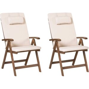 BELIANI Set of 2 Rustic Garden Chairs Natural Acacia Wood Adjustable Foldable with Armrests Light Beige Cushions Amantea Premium BELIANI Set of 2 Rustic Garden Chairs Natural Acacia Wood Adjustable Foldable with Armrests Light Beige Cushions Amantea Premium