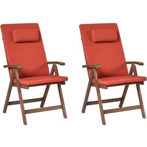 BELIANI Set of 2 Rustic Garden Chairs Natural Acacia Wood Adjustable Foldable with Armrests Red Cushions Amantea Premium BELIANI Set of 2 Rustic Garden Chairs Natural Acacia Wood Adjustable Foldable with Armrests Red Cushions Amantea Premium