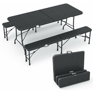 VOUNOT Folding Table Bench Set Trestle Portable Party Picnic BBQ Camping Set, Black VOUNOT Folding Table Bench Set Trestle Portable Party Picnic BBQ Camping Set, Black