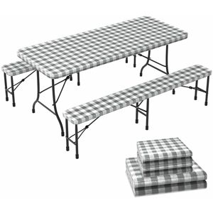 VOUNOT Set of 3 Picnic Bench Covers Elastic Outdoor Picnic Waterproof Tablecloth Grey-White Checked VOUNOT Set of 3 Picnic Bench Covers Elastic Outdoor Picnic Waterproof Tablecloth Grey-White Checked