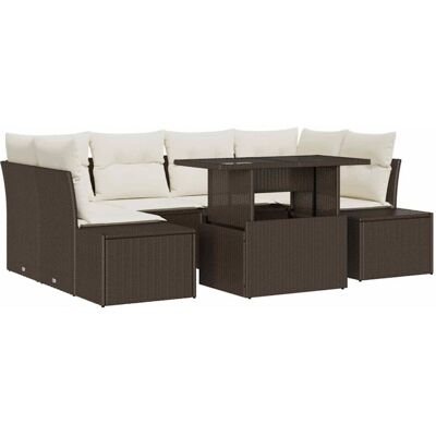 vidaXL Garden Sofa Set 7-Piece Brown Cream Rattan Fabric vidaXL Garden Sofa Set 7-Piece Brown Cream Rattan Fabric