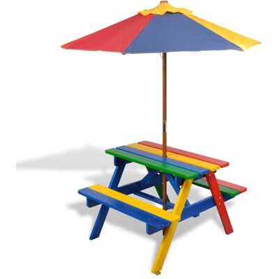Vidaxl - Kids' Picnic Table with Benches and Parasol Multicolour Wood Vidaxl - Kids' Picnic Table with Benches and Parasol Multicolour Wood