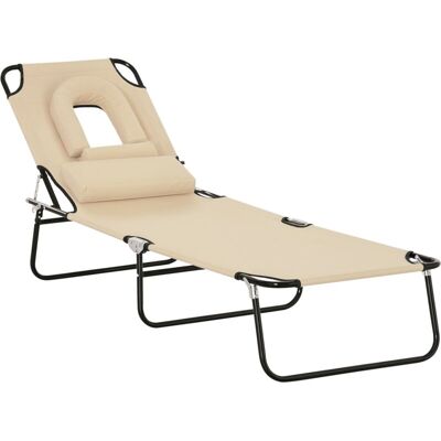 Outsunny Folding Sun Lounger Reclining Chair w/ Pillow Reading Hole Beige Outsunny Folding Sun Lounger Reclining Chair w/ Pillow Reading Hole Beige