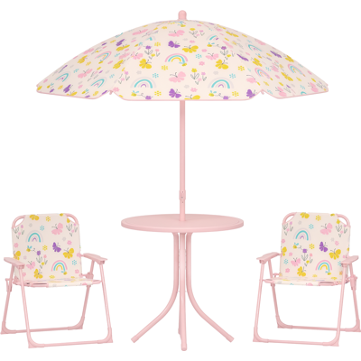 STUNACY 4-piece Kids Garden Table And Chair Set With Adjustable Parasol, Folding Chairs, Table, Rainbow Pattern, Pink STUNACY 4-piece Kids Garden Table And Chair Set With Adjustable Parasol, Folding Chairs, Table, Rainbow Pattern, Pink