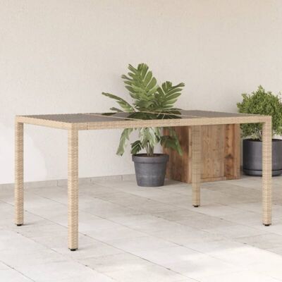 vidaXL Garden Table with Glass Top Outdoor Dining Table Beige Poly Rattan - Garden Table vidaXL Garden Table with Glass Top Outdoor Dining Table Beige Poly Rattan - Garden Table