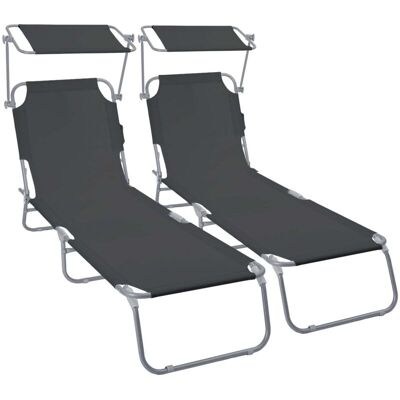 VOUNOT Set of 2 Folding Sun Lounger with Adjustable Backrest & Sunshade, Black VOUNOT Set of 2 Folding Sun Lounger with Adjustable Backrest & Sunshade, Black