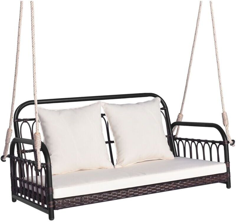 Costway - 2-Person Patio Wicker Swing Chair Hanging Outdoor Swing Bench w/Cushions