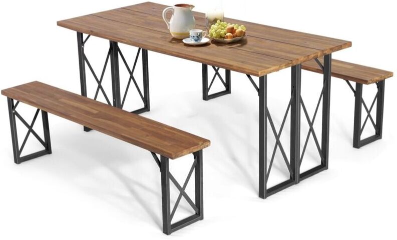 Costway - 3 Pieces Outdoor Picnic Table & Bench Set Garden Wooden Dining Table w/ Umbrella Hole