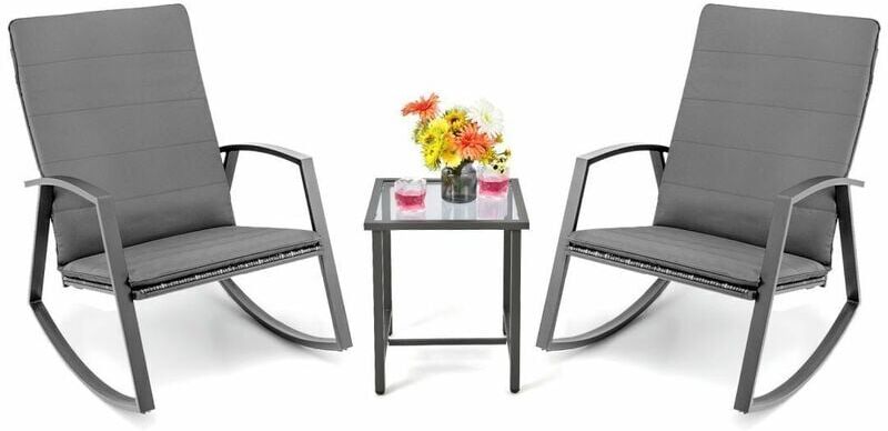 Costway - 3PCS Outdoor Rattan Rocking Bistro Set Garden Patio Wicker Table & Chair Set