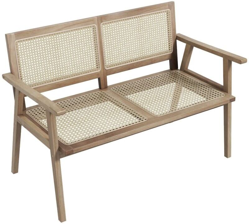 Costway - Wood Garden Bench 2-Person Patio Lounger Loveseat With Rattan Backrest & Seat