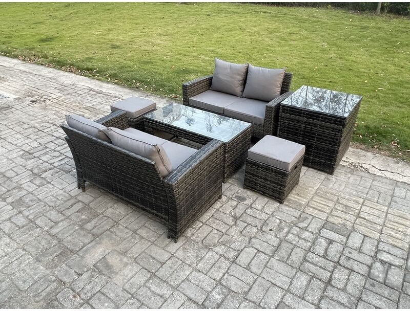 Fimous 6 Pieces Garden Furniture Sets Poly Rattan Outdoor Patio Furniture PE Wicker Furniture Set with Side Table 2 Small Footstool Loveseat and