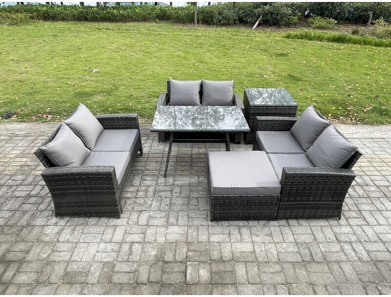 7 Seater Rattan Wicker Garden Furniture Patio Conservatory Sofa Set with Rectangular Dining Table Love Seat Sofa Big Footstool Side Table - Fimous