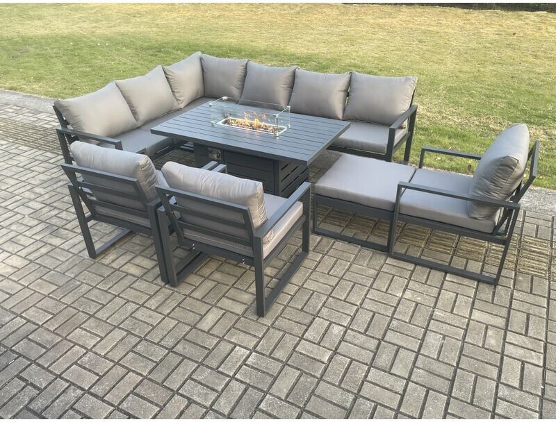 Fimous Aluminium Outdoor Garden Furniture Corner Sofa Gas Fire Pit Dining Table Sets Gas Heater Burner with 3 Chairs Big Footstool Dark Grey 10 Seater