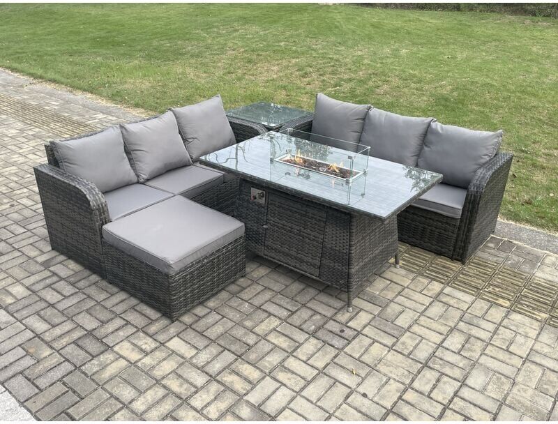 Garden Patio Furniture Wicker Rattan Gas Fire Pit Table and Sofa set with Side Table Big Footstool - Fimous