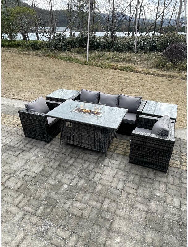 Outdoor Lounge Rattan Sofa Set Garden Furniture Gas Firepit Set Dining Table Patio Heater 2 Chair 2 Coffee Table Dark Grey Mixed - Fimous