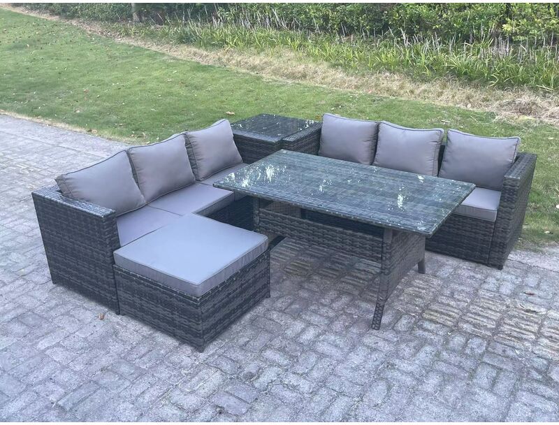 FIMOUS Pe Wicker Outdoor Garden Furniture Set Patio Rattan Rectangular Dining Table Lounge Sofa with Big Footstool Side Table 7 Seater Dark Grey Mixed