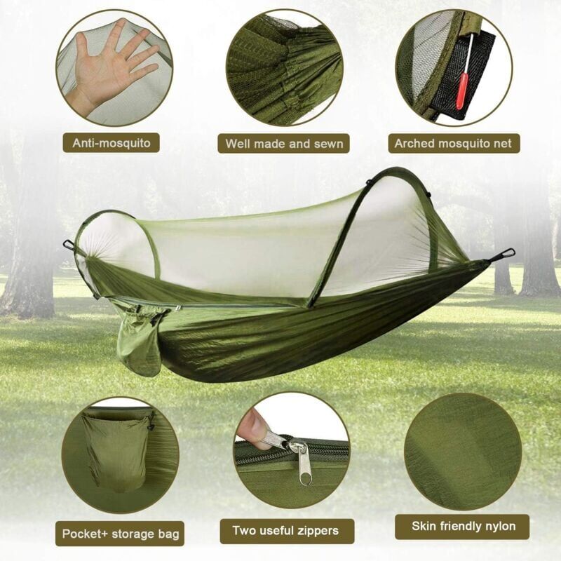 MEMKEY Hammock with Mosquito Net, 300 kg Load Capacity, Quick Drying, Ultralight, with 2 Carabiners, 2 Robust Straps for Outdoor, Camping, Garden - Army