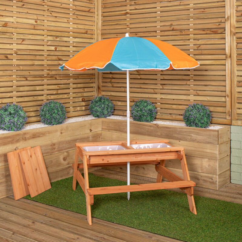 Samuel Alexander - Kids Outdoor Wooden Picnic & Activity Table with Removable Plastic Trays & Parasol