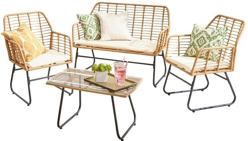 Neo Direct - Neo Beige Garden Furniture Patio Wicker Bamboo Style Cane Chair Table Outdoor Indoor Balcony Conservatory Rattan Cushion Sofa Set 4 Piece