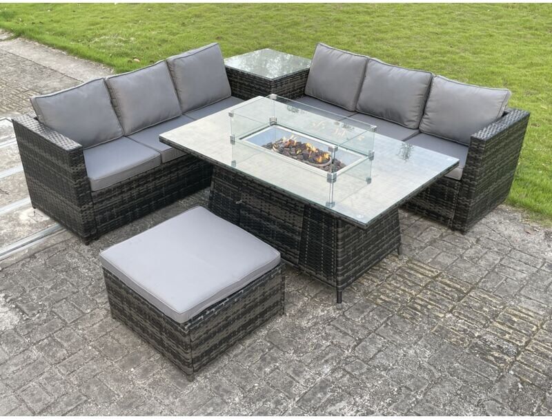 Outdoor pe Rattan Garden Corner Furniture Gas Fire Pit Table Sets Gas Heater Lounge Big Footstool Dark Grey 7 Seater - Fimous