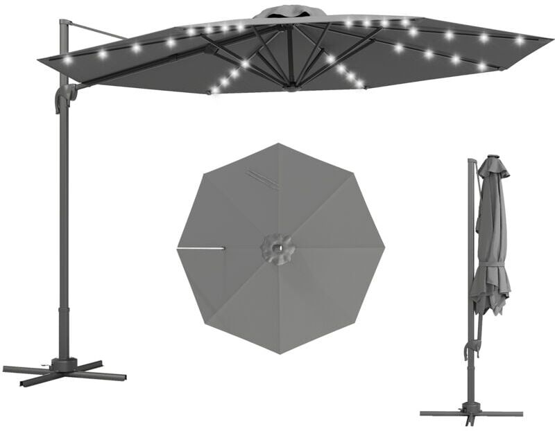 Outsunny 3(m) Cantilever Parasol Patio Sun Umbrella w/ Base Solar Lights Dark Grey