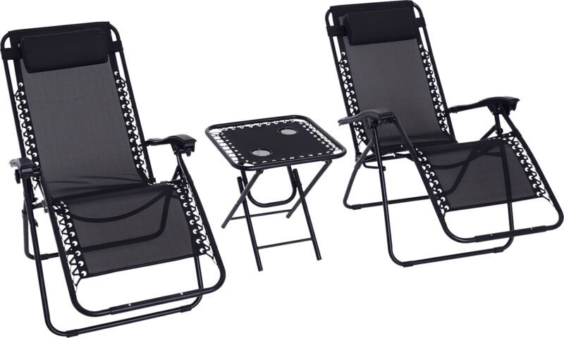 Outsunny - 3PC Zero Gravity Chairs Sun Lounger Table Set w/ Cup Holders Black