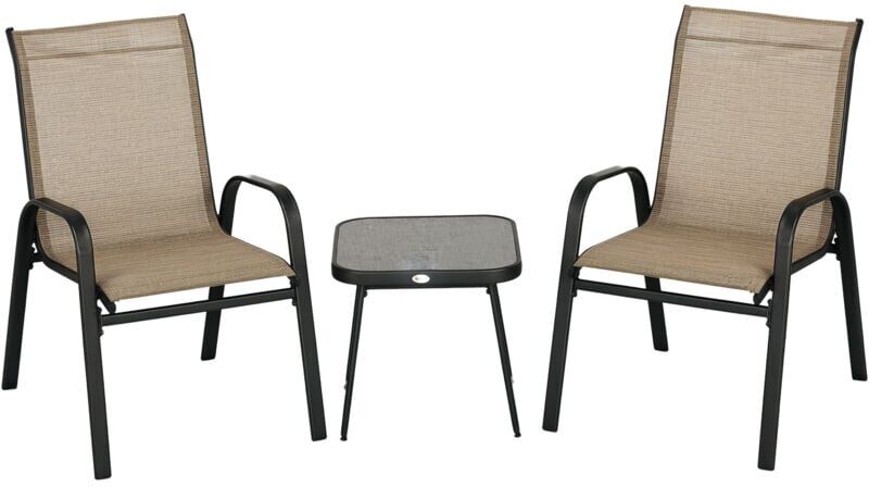 3 Pieces Outdoor Bistro Set, Patio Stackable Armchairs with Breathable Mesh Fabric and spc Board Coffee Table Brown - Outsunny