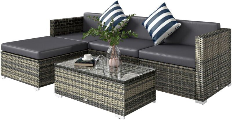 Outsunny - 5 Pieces Rattan Sofa Set Wicker Sectional Cushion Patio Mixed Grey