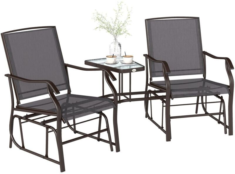 Outsunny Outdoor Double Glider Rocking Chairs with Glass Top Middle Table, Metal Gliding Love Seat Conversation Furniture with Breathable Mesh Fabric Seat,